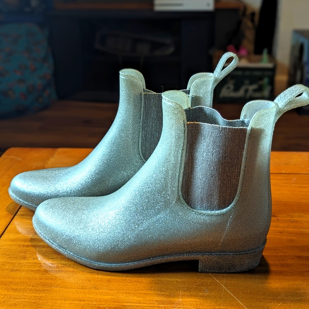 J. Crew Mercantile Silver Glitter Chelsea Rain Boots Size 7